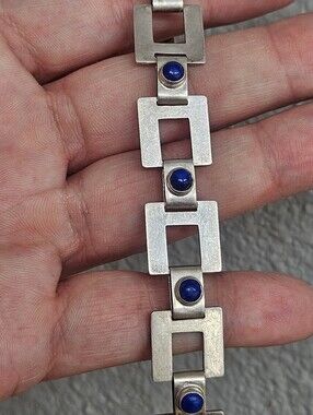 Vintage Guayasamin Sterling Silver Modern Square Link Bracelet Blue Lapis Lazuli